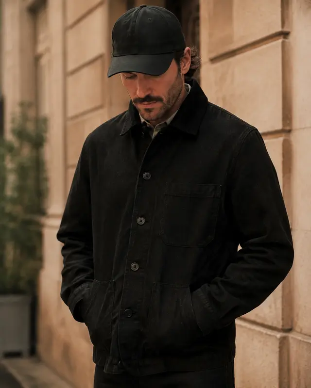 Visuel illustratif : silhouette en veste vintage noire.